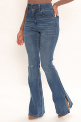 That's Hot Sculpting Split Hem Flare Jeans - Medium Blue Wash Ins Street